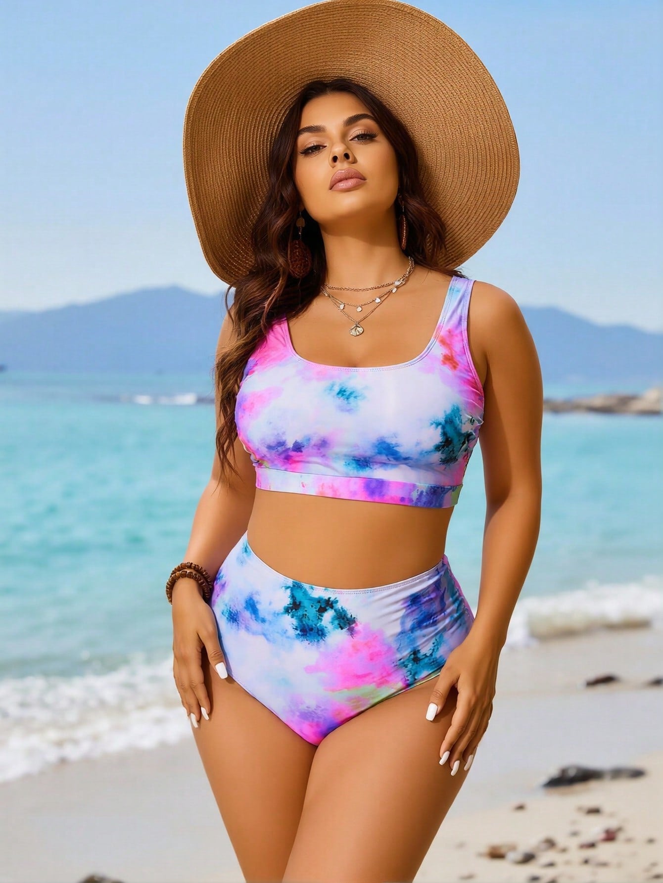 2026 Women's Playful Two-Piece: Pastel Tie-Dye Print Crop Top And Matching High-Waisted Briefs