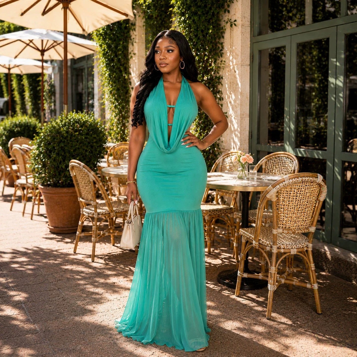 Sexy Deep-V Mesh-embellished Figure-flattering Dress