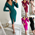 Womens Fashion V-Neck Defined Waistline Slit Long-Sleeve Dress