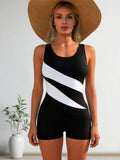 2026 New Black And White Diagonal Stripe Tankini Swimsuit, Scoop Neck Slim Fit Tank Top & Solid Boy Shorts