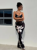 2026 New Luxury Floral Bikini Set, Halter Design & Mesh Side Drawstring Maxi Skirt, Tummy Control Slimming Swimwear