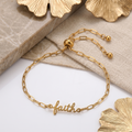 18K Gold Plated Stainless Steel Faith Bracelet For Women, Adjustable Paperclip Chain Script Word Charm Bracelet, Meaningful Religious Gift