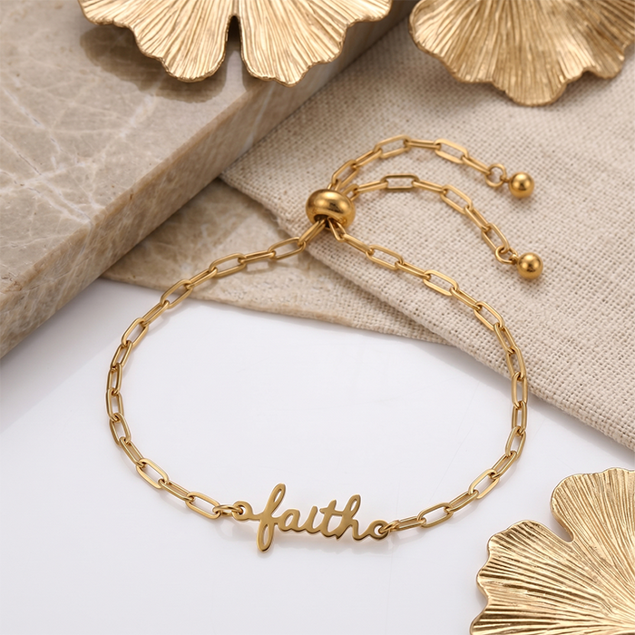 18K Gold Plated Stainless Steel Faith Bracelet For Women, Adjustable Paperclip Chain Script Word Charm Bracelet, Meaningful Religious Gift