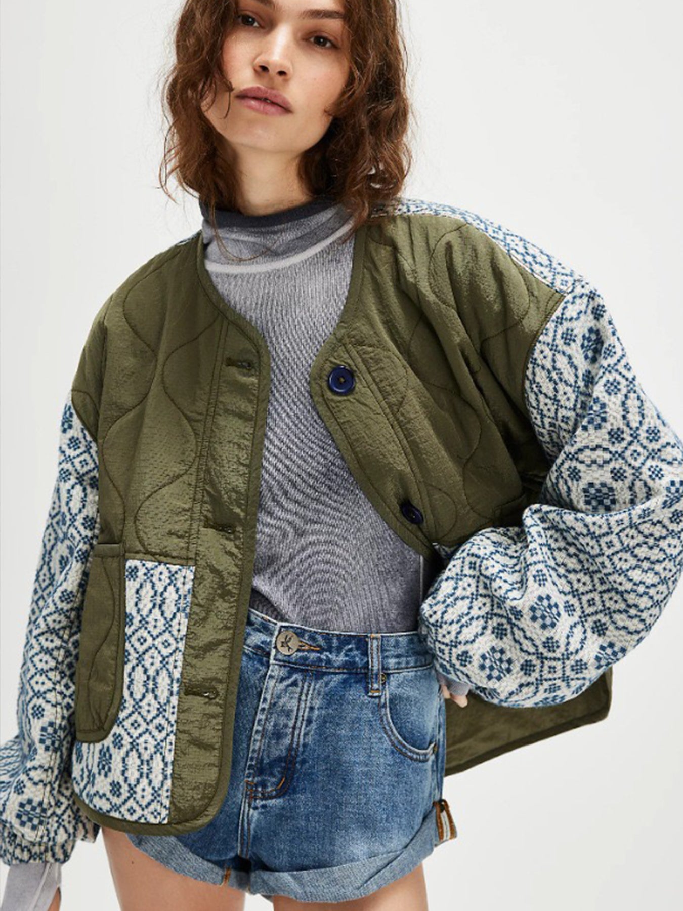 New Women's Warm Quilted Printed Patchwork Button Lightweight Cotton Coat, Slim Fit, Suitable For Autumn And Winter.
