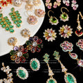 Real Gold Plated Floral Zircon Earrings, Heavy Craft Colored Gem Studs