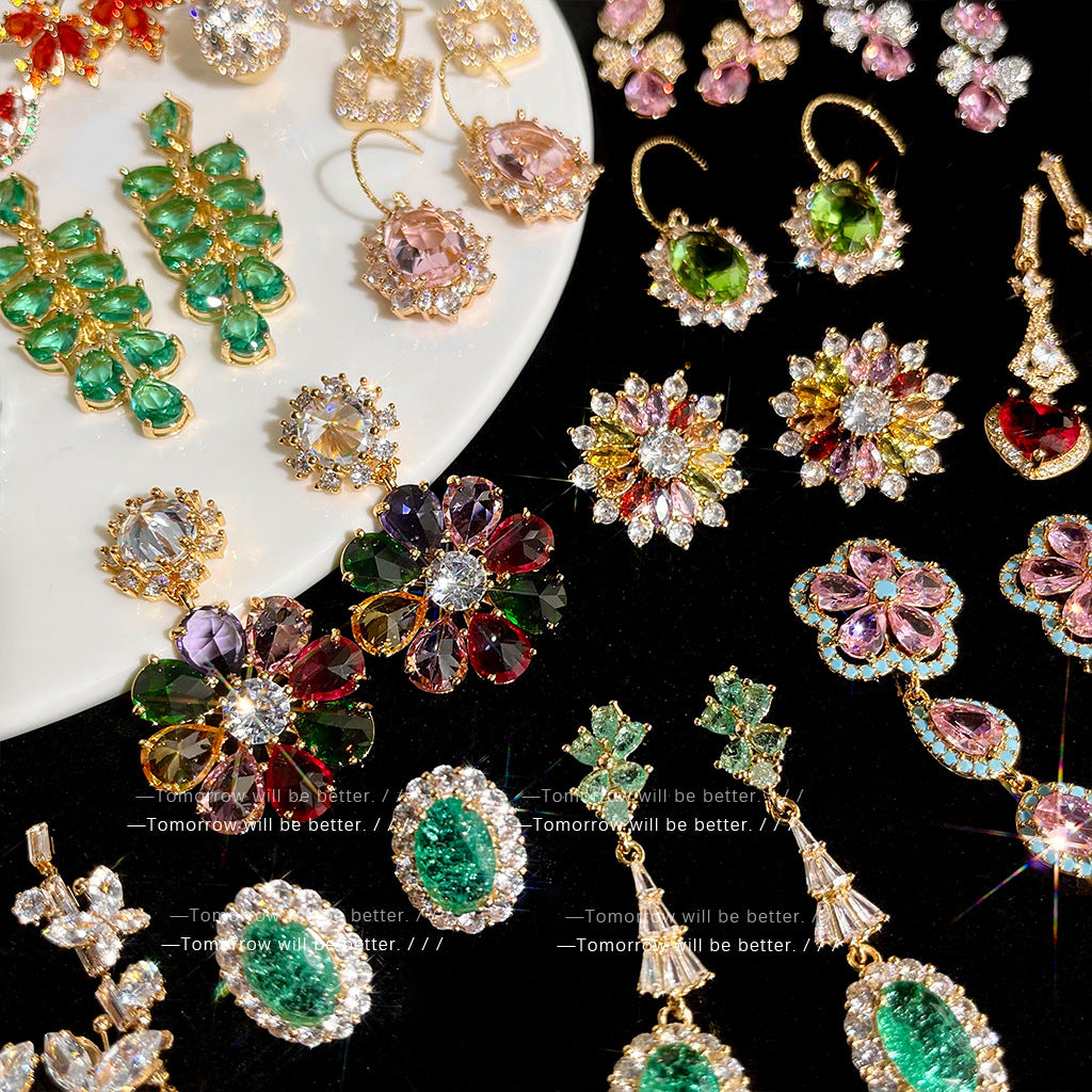 Real Gold Plated Floral Zircon Earrings, Heavy Craft Colored Gem Studs