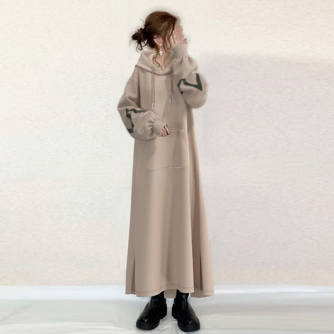 Womens Knitted Hooded Dress With Sleeve Paneling