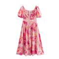 Fitted-waist Square-neck Long Dress With Bubble Sleeves