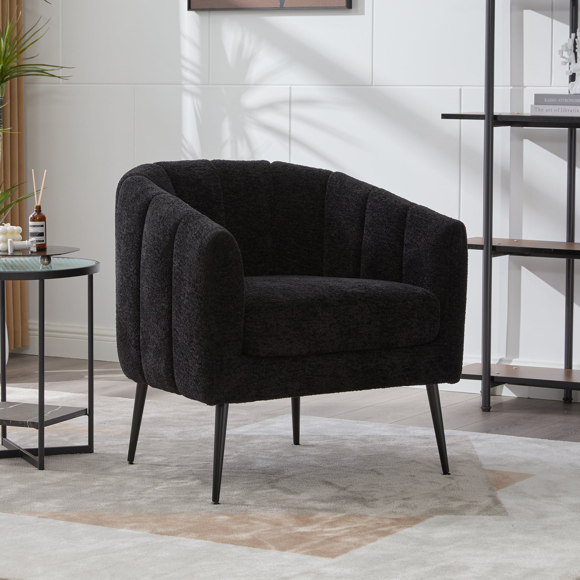 29.9  Modern Upholstered Chenille Vanity Barrel Accent Chair With Metal Legs, Channel Tufted Lounge Chair Single Sofa Round Leisure Armchair For Bedroom Living Room Reception Study Room Office,Black
