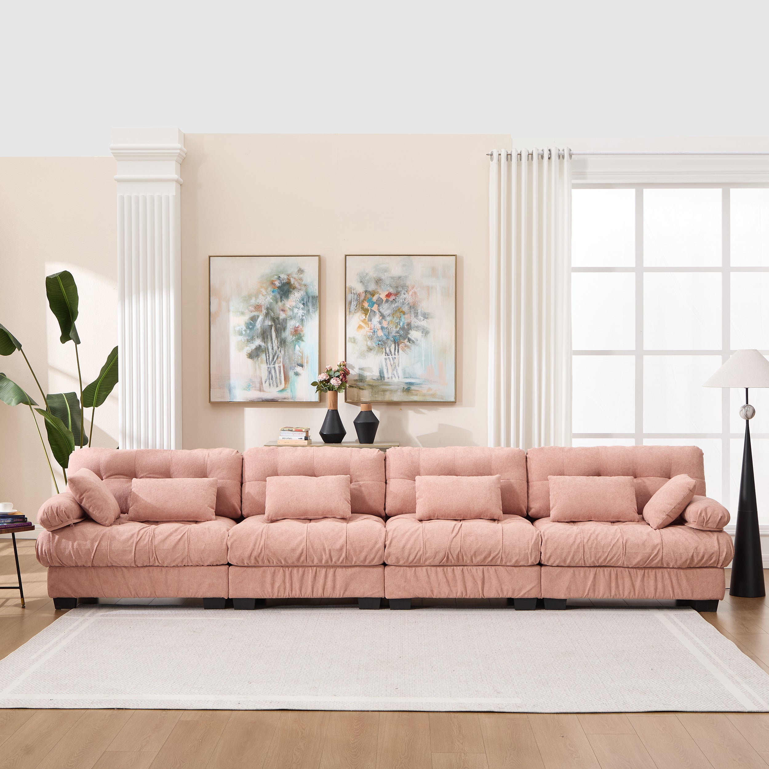 Modular Sectional Sofa Cloud Couch, Modern Sectional Couches For Living Room, Deep Seat Modular Couch With Round Armrests 6 Pillows, 4-Seat Comfy Advanced Flannelette Sofa For Bedroom