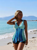2026 New Ocean Inspired Swimdress Set Women's Blue & Green Gradient Stripe Tummy Control Swimsuit For Beach Vacation, Slim & Flattering
