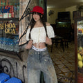 Street Girl Style One-shoulder Pleated Bubble Short-sleeved Shirt