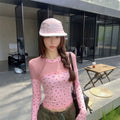 Sweet And Spicy Style Floral Print Mesh Paneling Long Sleeves