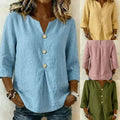 Solid-color V-neck Three-quarter-sleeve Casual Loose-fit Cotton-linen Top