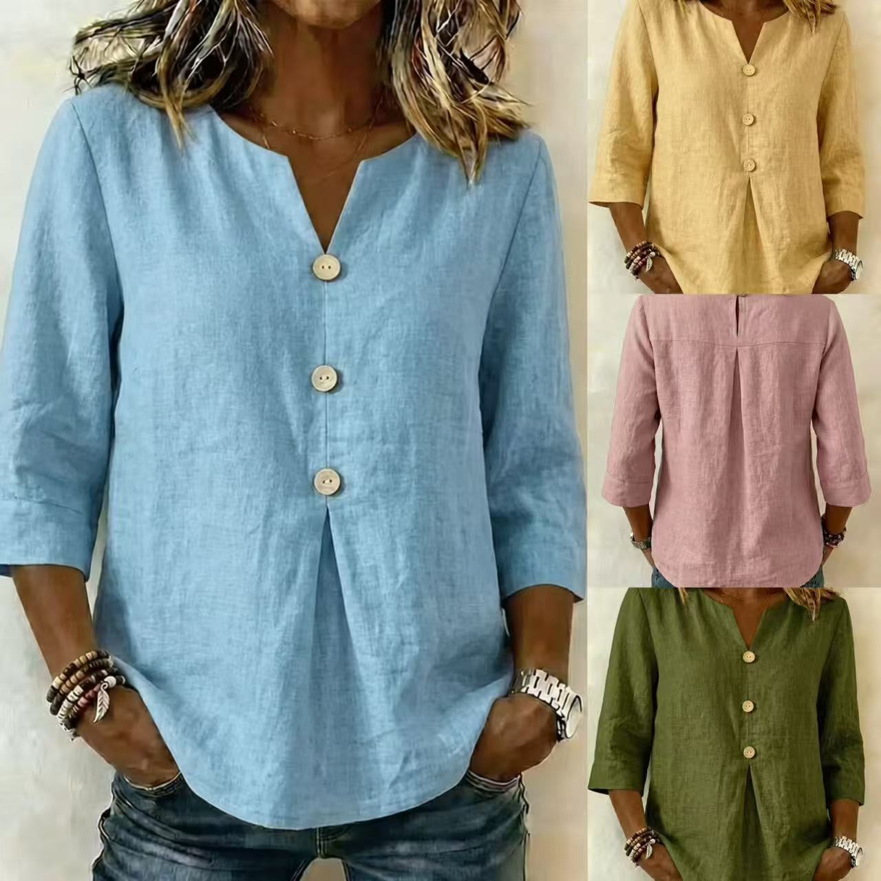 Solid-color V-neck Three-quarter-sleeve Casual Loose-fit Cotton-linen Top
