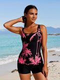 2026 Women's Tropical Tankini: Black Top With Pink Palm Tree Print And Matching Black Boyleg Shorts