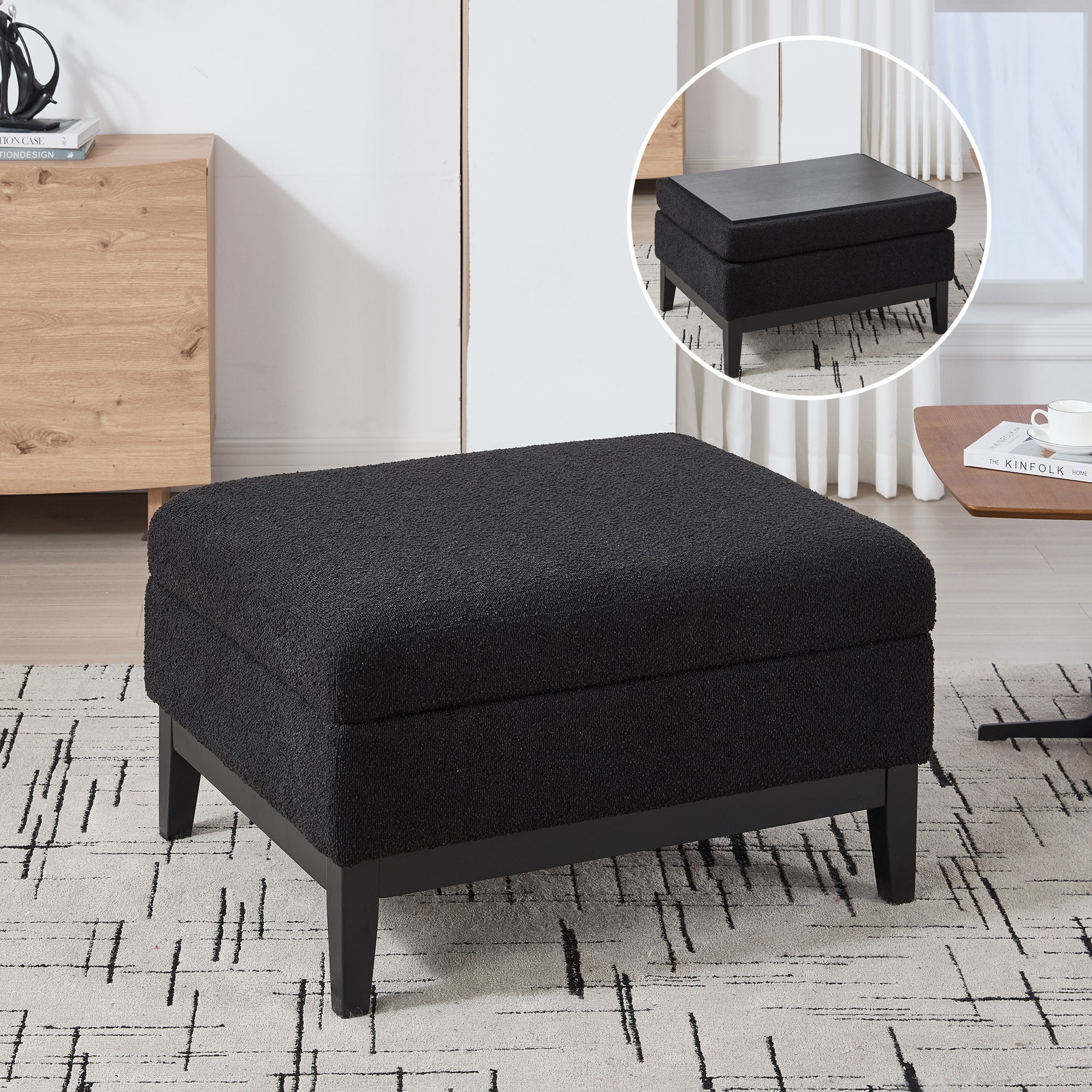 33.86 W Upholstered Wood Base Storage Ottoman With Reversible Lid Coffee Table, Foot Stool Square Footrest With Rubberwood Legs For Living Room Bedroom Entryway And Office,Black Boucle.