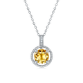 S925 Sterling Silver Necklace, 8mm Natural Citrine Round Pendant, Platinum Plated Rope Design Chain 2.6g, Elegant Women's Jewelry Gift Box