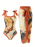 Marble Print Tie Strap One-Piece Swimsuit With Matching Sarong Cover Up