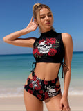 2026 New Gothic Skull & Rose Print Bikini Set Women's High Neck Sleeveless Top + Cutout High-Waisted Bottoms For Beach Vacation, Edgy & Slim Fit