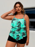 Plus Size Mint Green Floral Print Layered Ruffle Tankini Swimsuits For Women