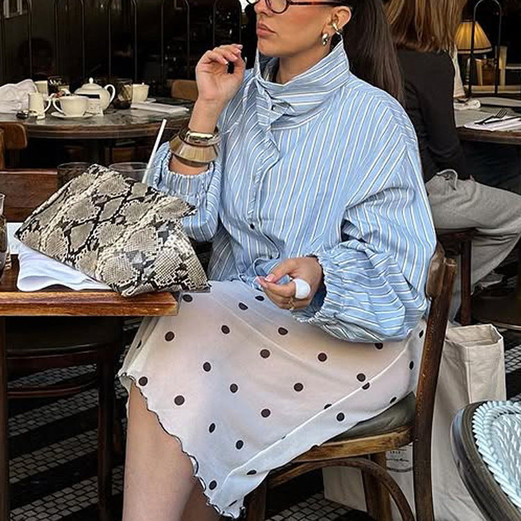 Fashionable Stand-Neck Striped Shirt For Women