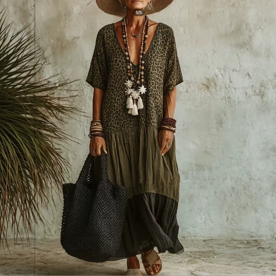 Casual Leopard-Print Colorblock V-Neck Dress