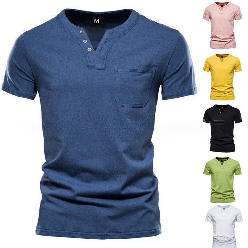Mens V-neck Short-sleeve Casual T-shirt For Young Adults