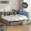 4ft6 Double Daybed With Two Storage Drawers And Beside Storage, LED Modern Bed Frame With Charging Station, Wood Bed For Living Room  Bedroom  Study Room, 135X190cm, Easy Assembly, Grey  No Mattress