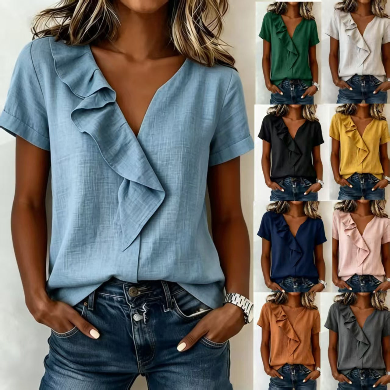 Womens Casual Short-sleeve Top With Ruffled Hem