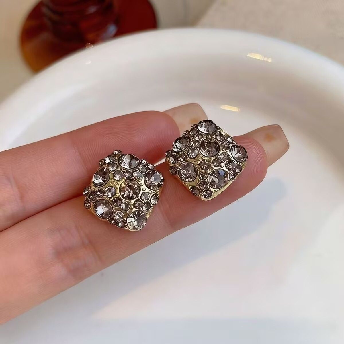S999 Pure Silver Gold Square Earrings, Noble Elegant High-End Women Jewelry