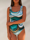 2026 New Teal & Gold Marble Print One-Piece Swimsuit, Scoop Neck Tummy Control Bathing Suit