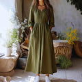 Womens Solid-color Long-sleeve Retro Cotton-linen Dress