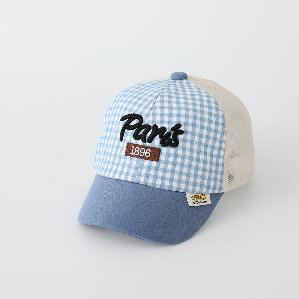Summer Boys And Girls' Checkered Mesh Paris Letter-patterned Breathable Baseball Cap For Outdoor Outings, Sun Protection, Children's Hat