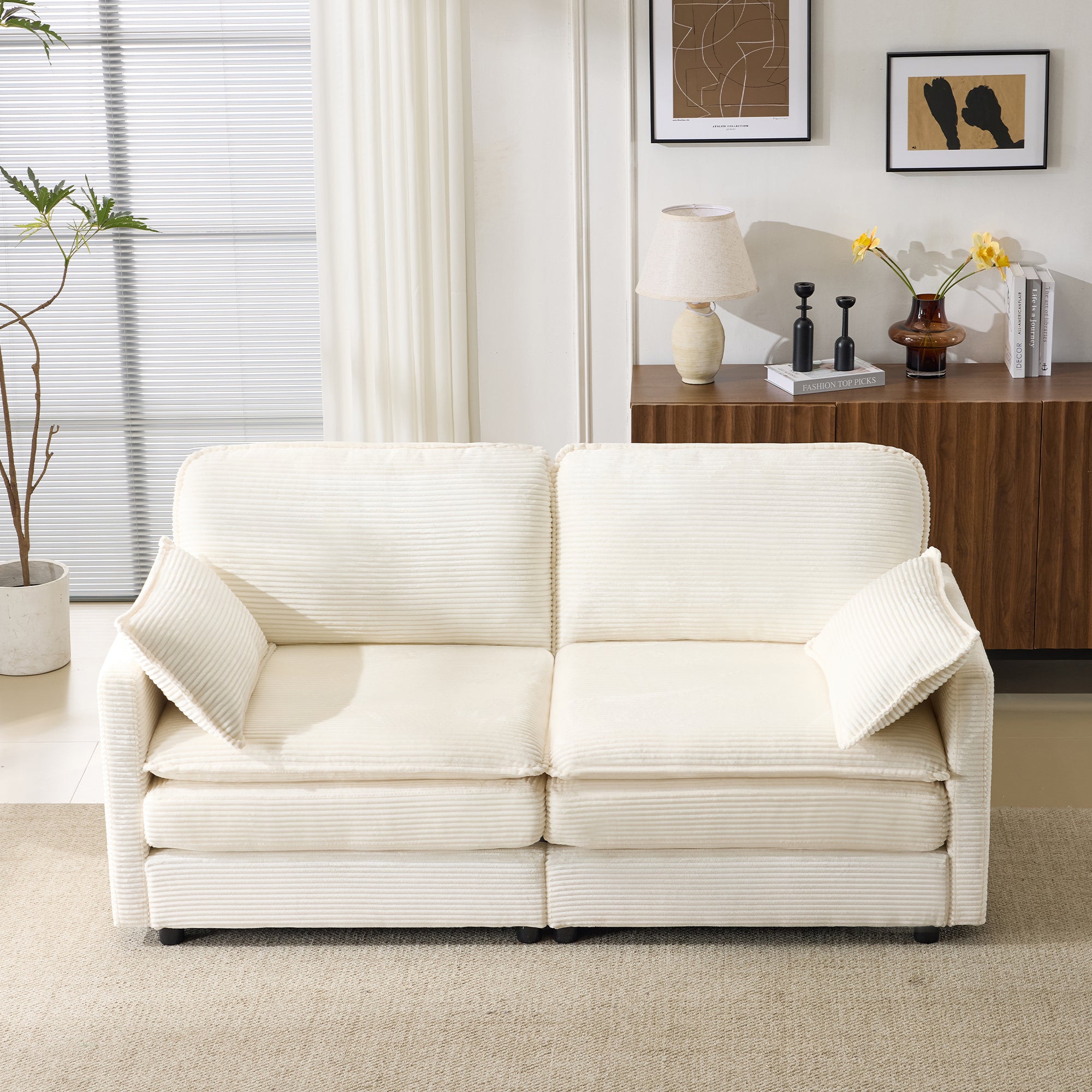 69  PLUSH CLOUD LOVESEAT Modular 2-Seater Sectional Sofa With 22  Beige Chenille Cushions   2 Throw Pillows - Compact Size For Apartment, Living Room, Bedroom  Beige