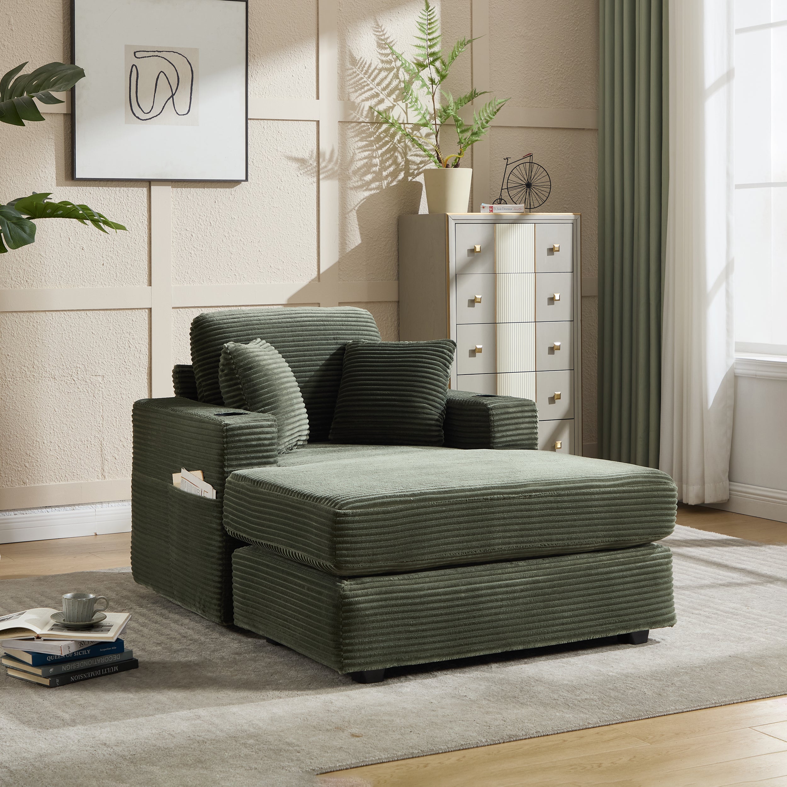 New Corduroy Upholstered Chaise Lounge Sofa,Magazine Bag,Detachable Cushions Deep Seat For Living Room Office,3 Colour