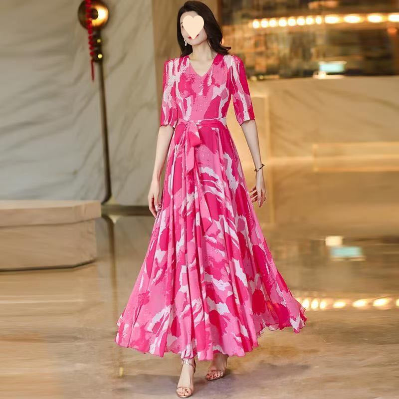 Spring Summer Printed Dress With A Fitted Waist Slimming Maxi Skirt