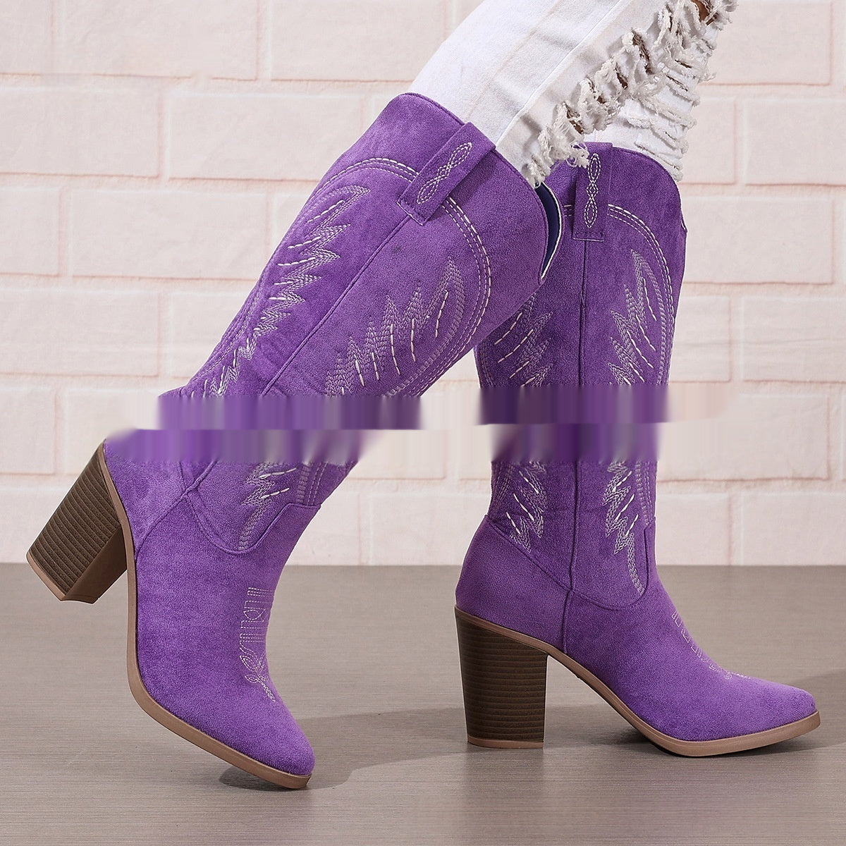 Autumn New Pointed Mid Heel High Tube Embroidered Denim Boots