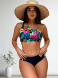 2026 New Tropical Floral Print One Shoulder Bikini Set, Cutout Top With Solid High Waist Bottom