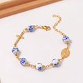 Ceramic Bead Cross Rosary Bracelet For Women, 18K Gold Plated Stainless Steel Miraculous Medal Virgin Mary Bracelet, Religious Faith Gift