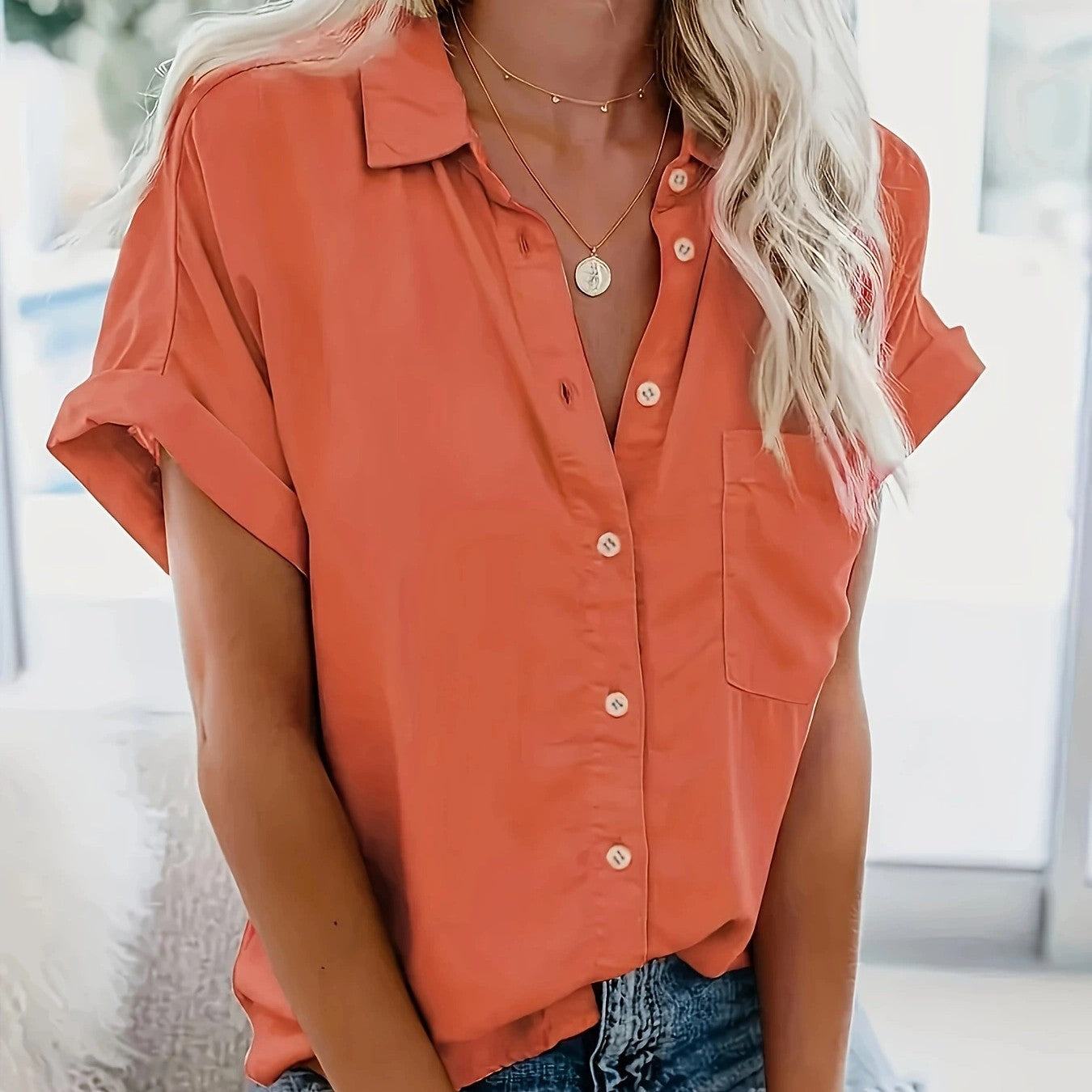 Ladies Lapel Button Shirt Summer