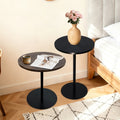 Set Of 2 Small Round Side Table Wooden Concentric Circles Coffee Table For Two Metal Pedestal Nightstand For Corner Small Space  Walnut Brown & Black