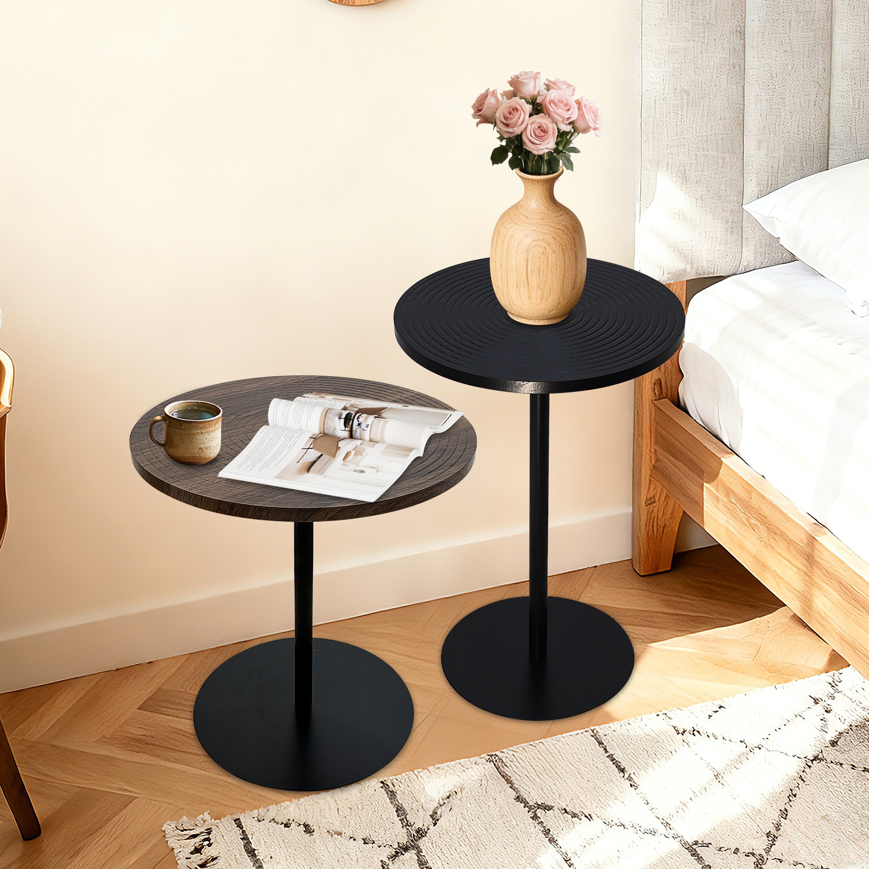 Set Of 2 Small Round Side Table Wooden Concentric Circles Coffee Table For Two Metal Pedestal Nightstand For Corner Small Space  Walnut Brown & Black