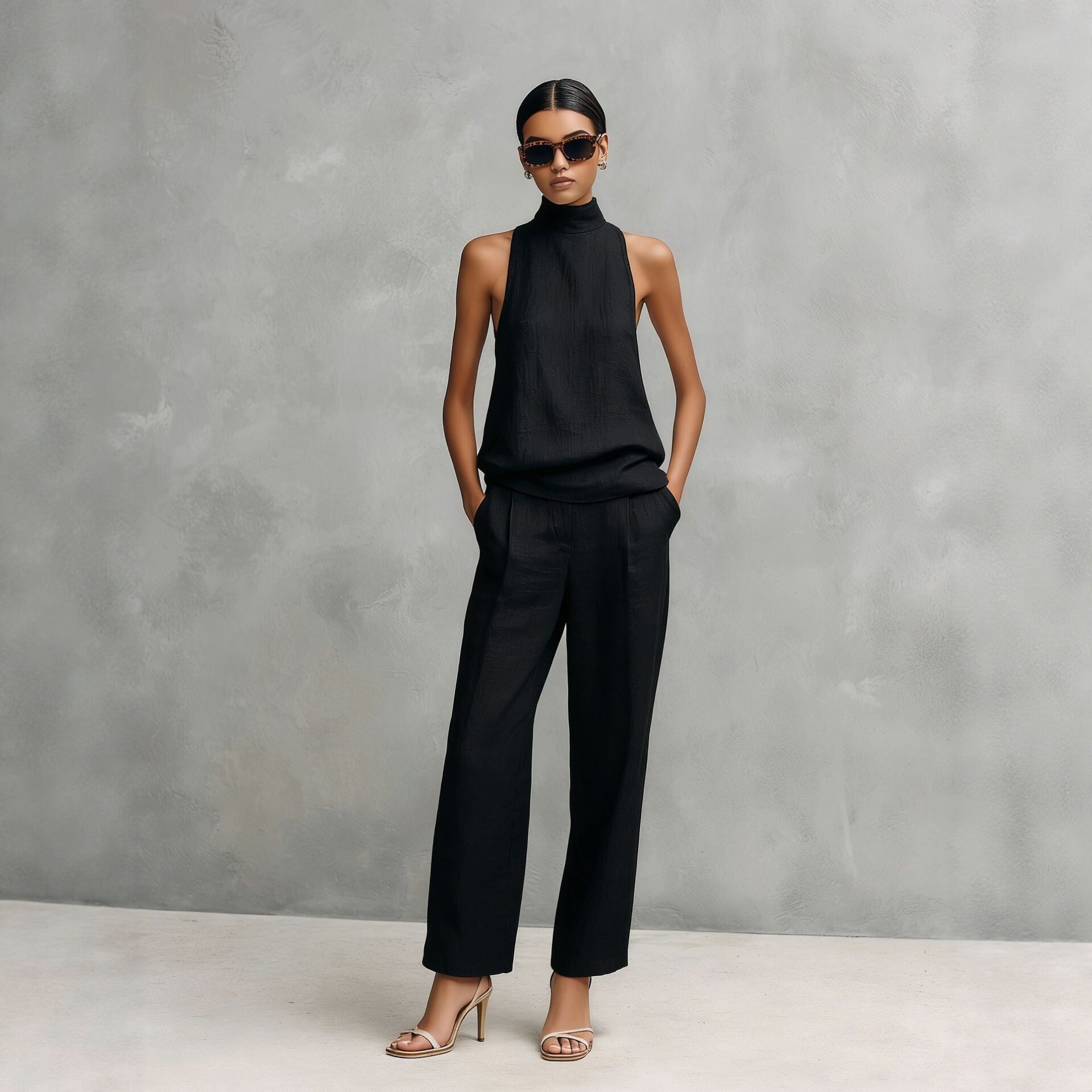 Sleeveless Turtleneck Top And Wide-leg Pants Set