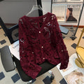 Crochet Hollow-Out Neck Knitted Cardigan Coat Womens New Arrival Top