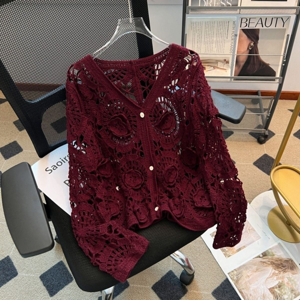 Crochet Hollow-Out Neck Knitted Cardigan Coat Womens New Arrival Top