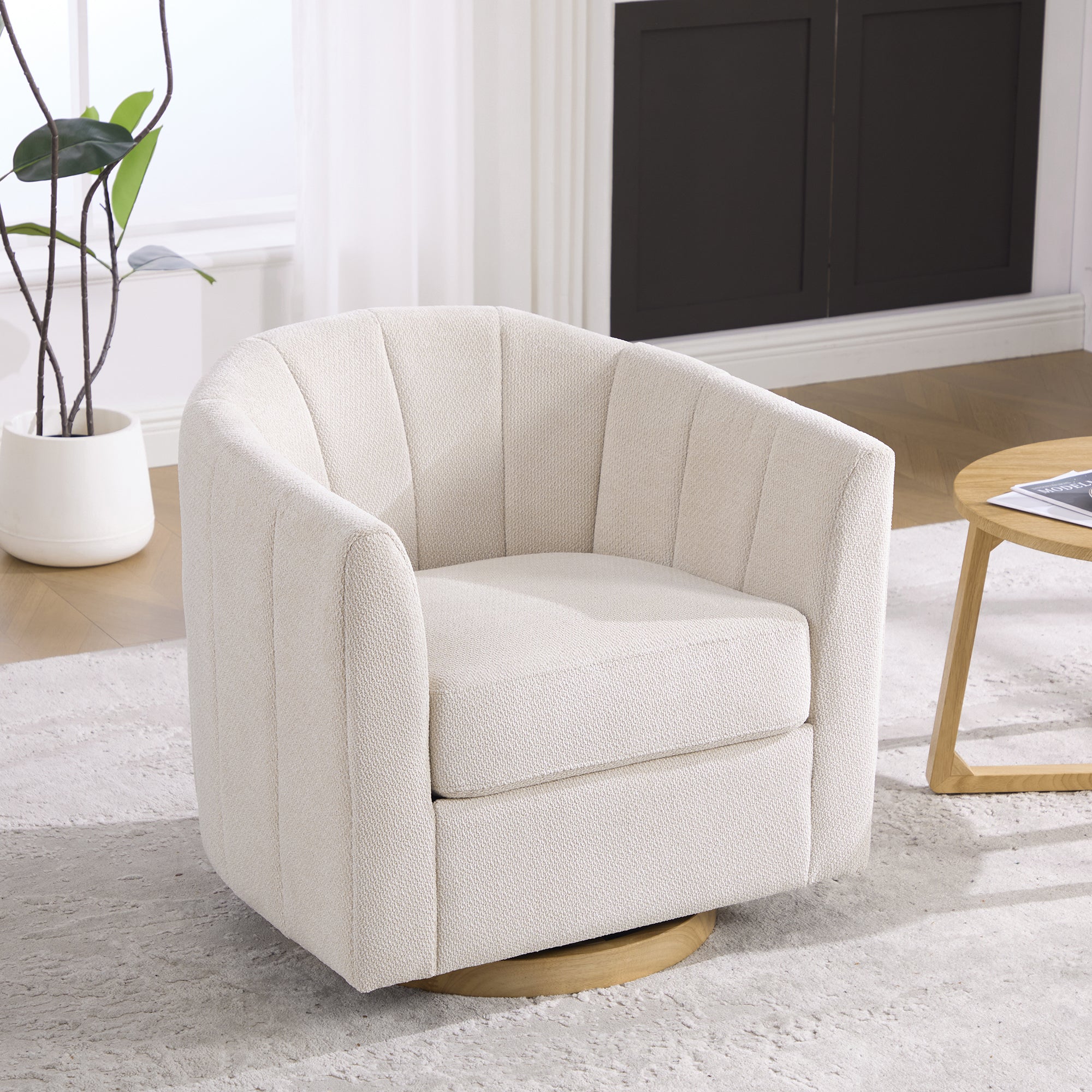31.1  Wide Upholstered Chenille Swivel Barrel Chair With Solid Wood Base, Comfy Channel Tufted Accent Round Armchair, Single Club Sofa For Living Room Bedroom Reading Nook Corner Apartment, Beige