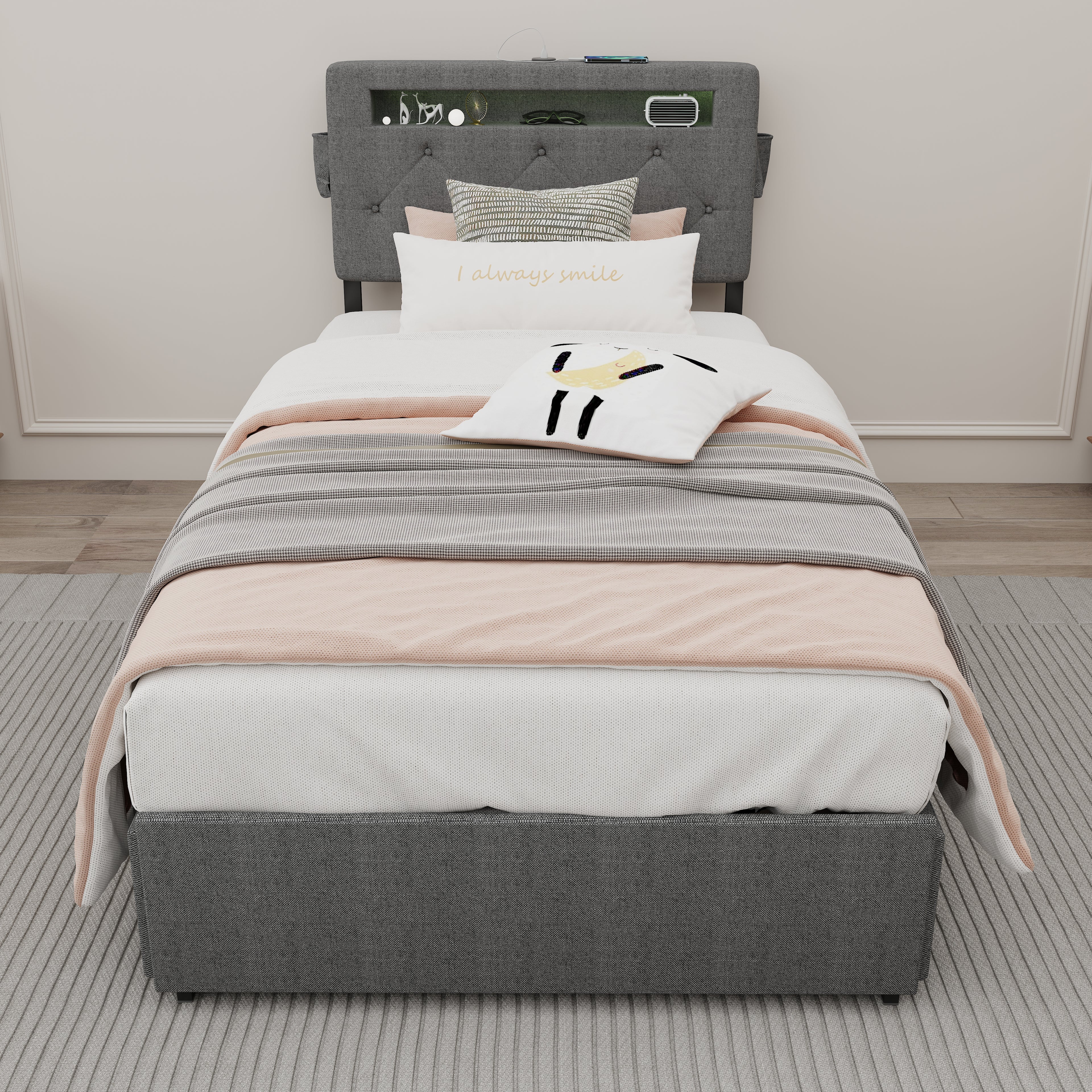 Twin Bed Frame With USB Charging Station & LED Lights, Twin Bed Frame With Headboard & 4 Storage Drawers, D