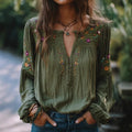 Ethnic-style Embroidered Floral Lantern-sleeve Loose-fitting Top
