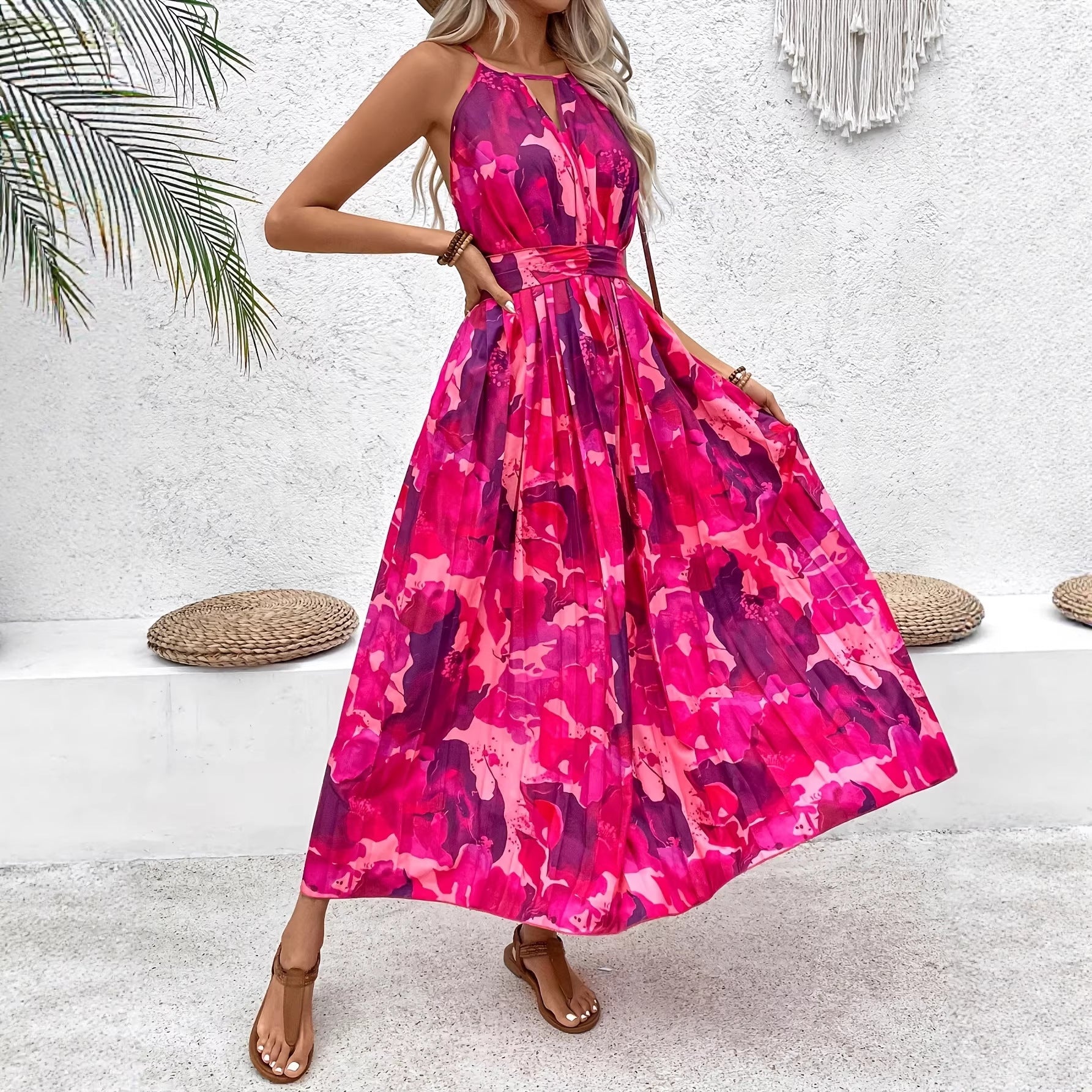 Womens Floral-Print Pleated Waist Dress